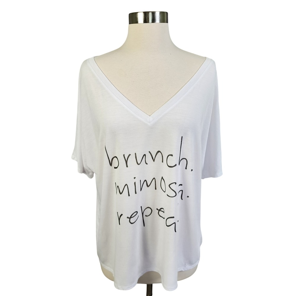 Written Womens‎ Graphic V-Neck Tee White Size Small Brunch Mimosa Repeat Relaxed